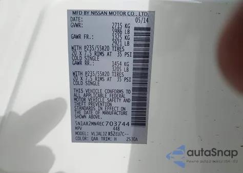 2014 Nissan Pathfinder Platinum из США, поврежденный, VIN 5N1AR2MN4EC703744